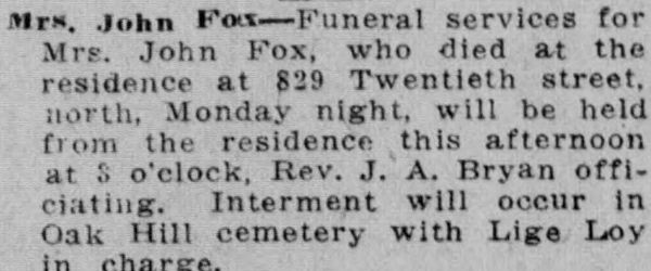 Mrs. John Fox obituary